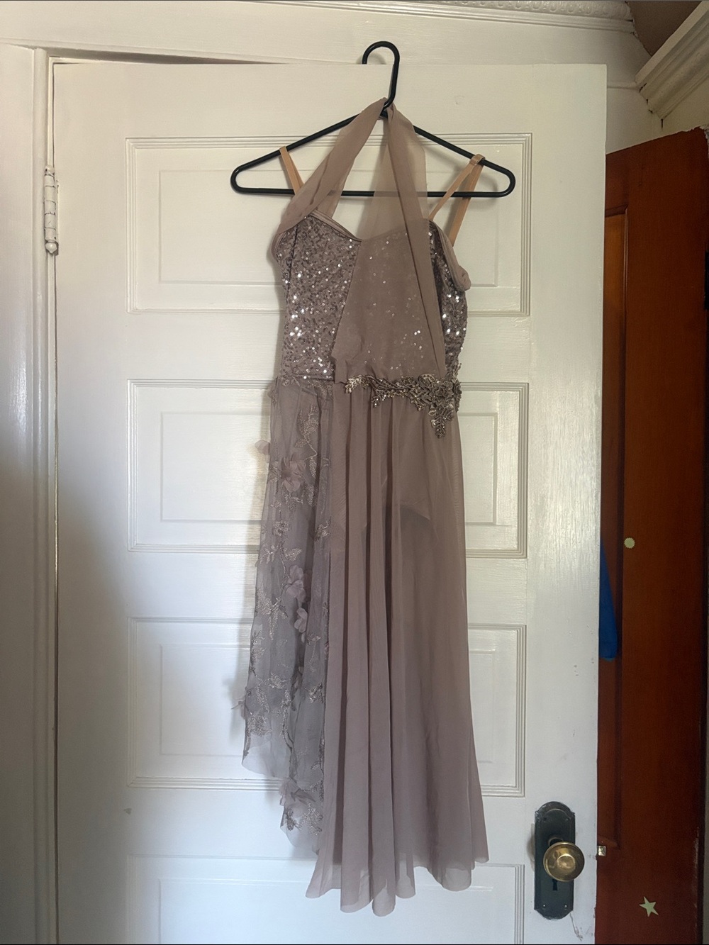 Weissman Taupe Sequin & Chiffon Halter Dress with Floral Appliqué